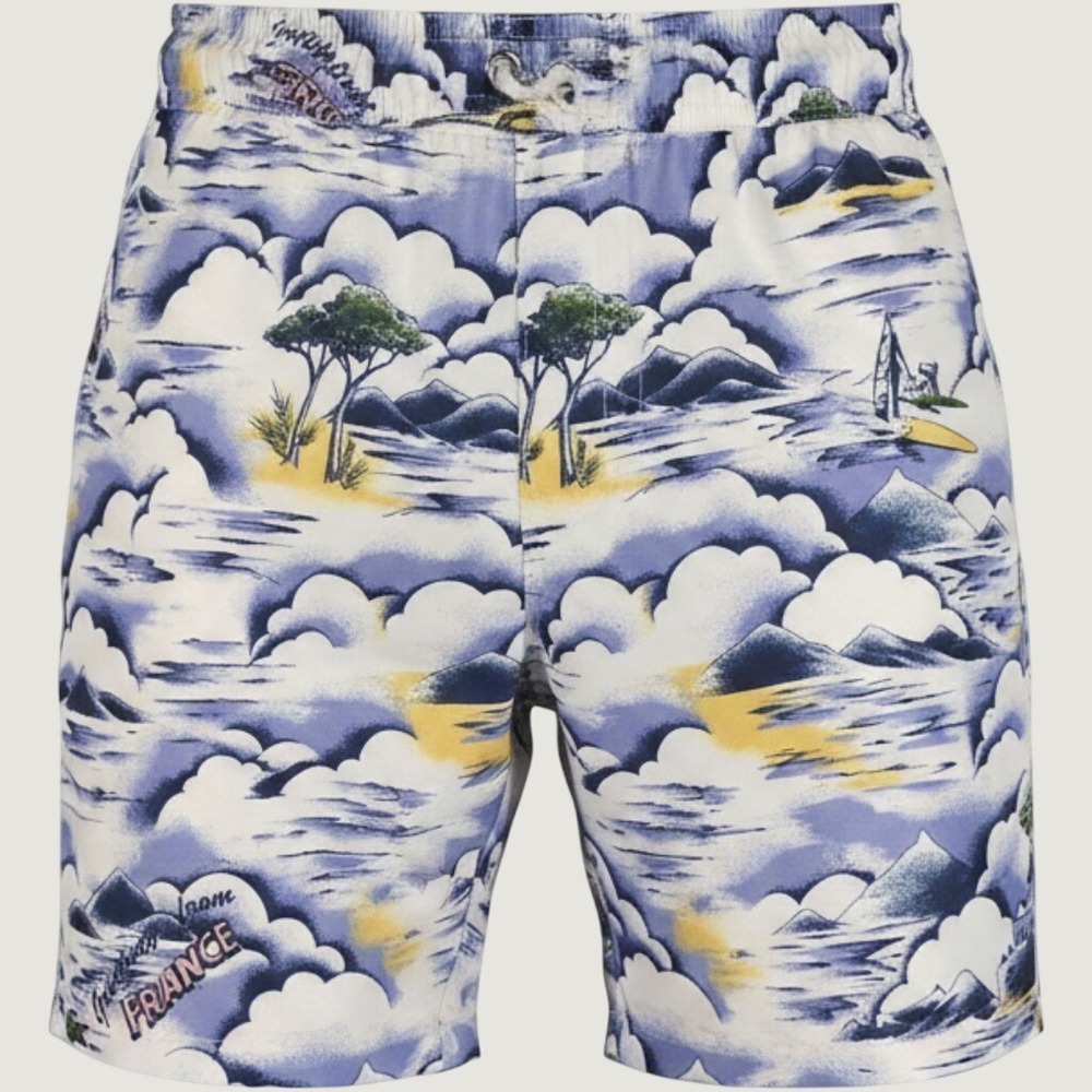 Lacoste Mens Greetings From France Graphic Print Swim Trunks Blue White Small - Picture 1 of 13